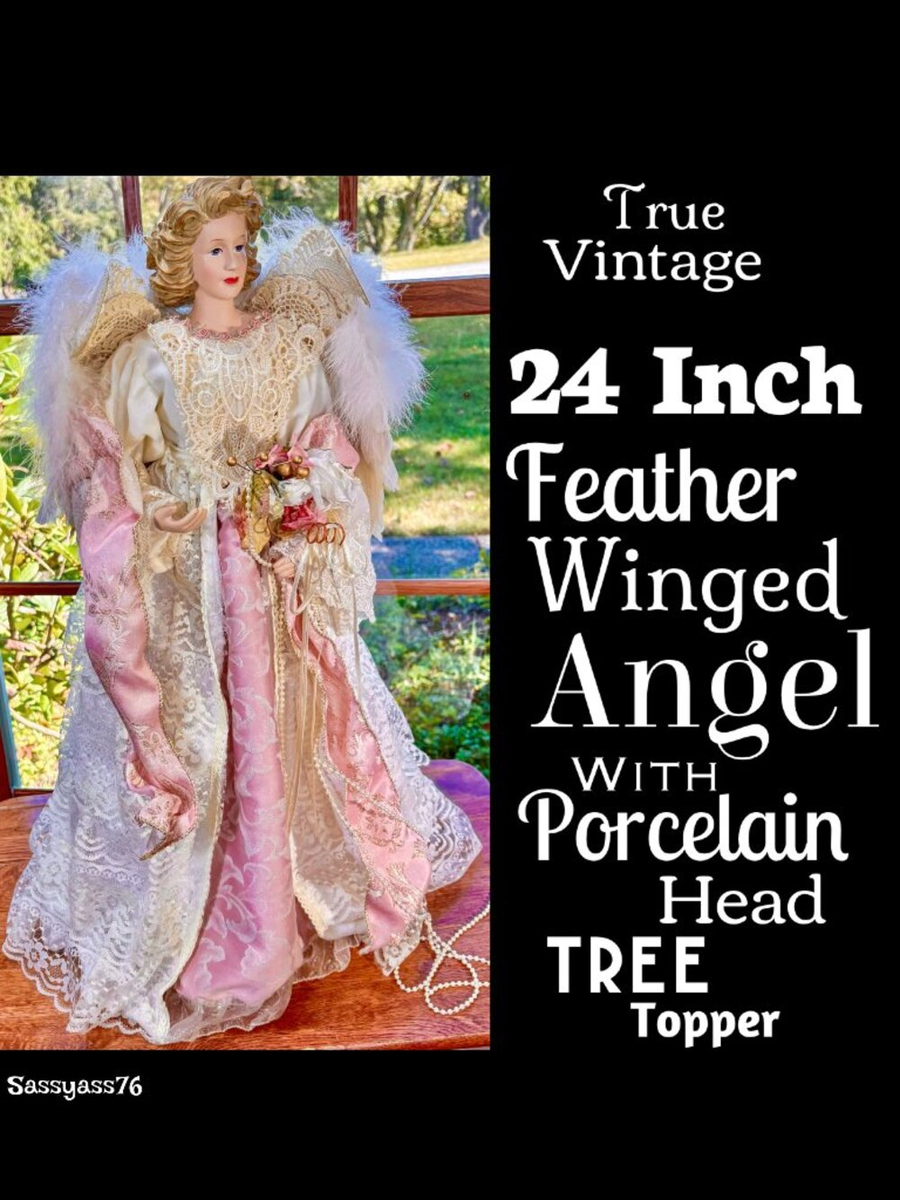 🆕VTG▪️24 Inch Feather Winged ANGEL With Porcelain Head Tree Topper
